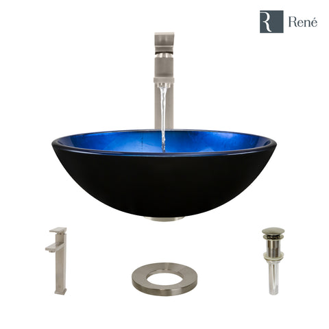 Rene 17" Round Glass Bathroom Sink, Gradient Blue, with Faucet, R5-5008-R9-7003-BN