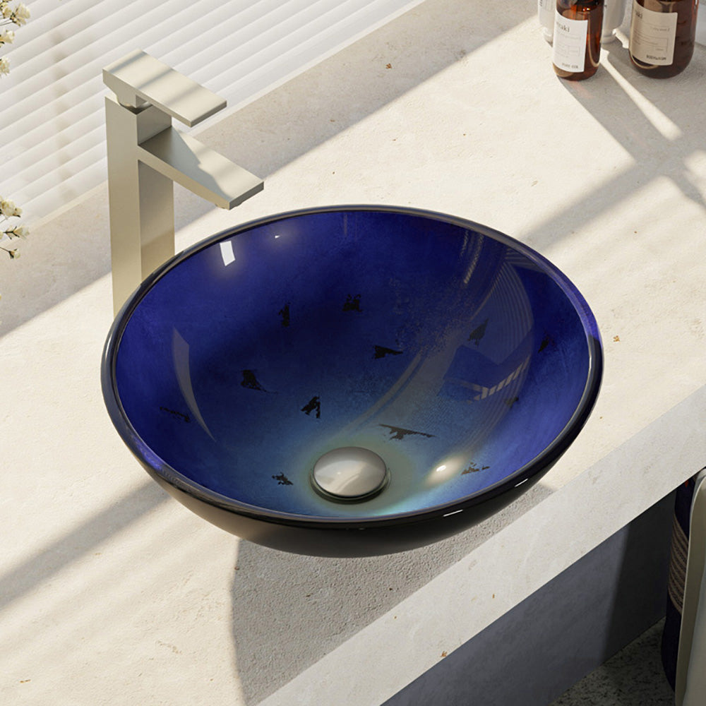 Rene 17" Round Glass Bathroom Sink, Gradient Blue, with Faucet, R5-5008-R9-7003-BN - The Sink Boutique