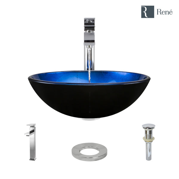 Rene 17" Round Glass Bathroom Sink, Gradient Blue, with Faucet, R5-5008-R9-7003-C