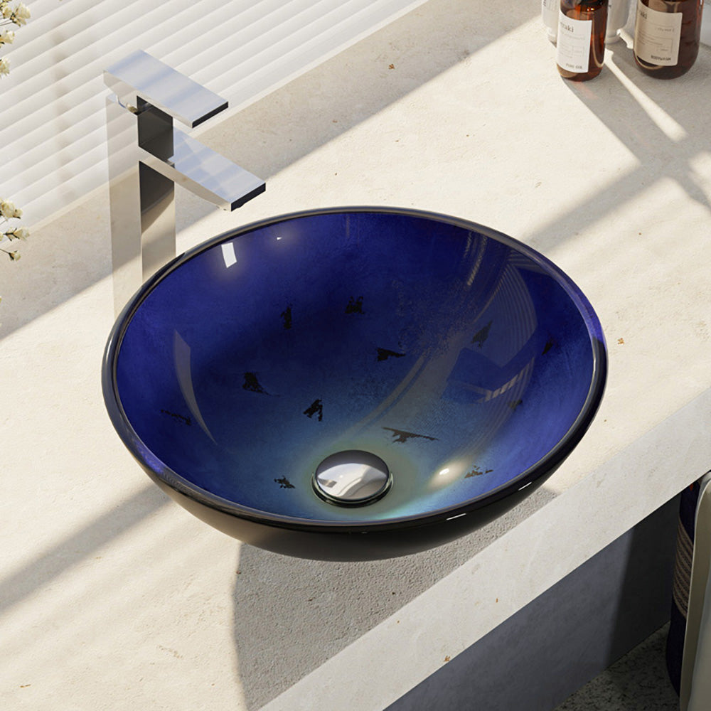 Rene 17" Round Glass Bathroom Sink, Gradient Blue, with Faucet, R5-5008-R9-7003-C - The Sink Boutique