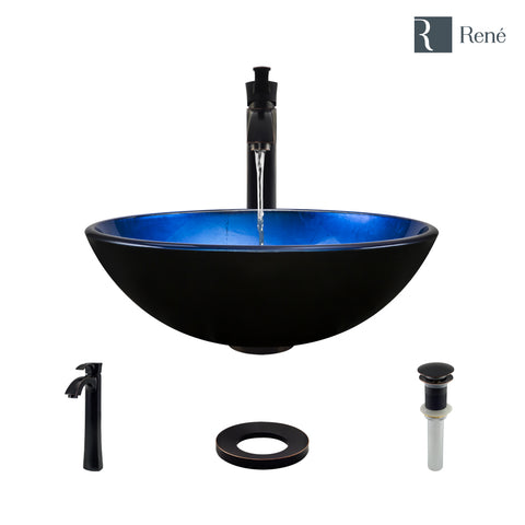 Rene 17" Round Glass Bathroom Sink, Gradient Blue, with Faucet, R5-5008-R9-7006-ABR