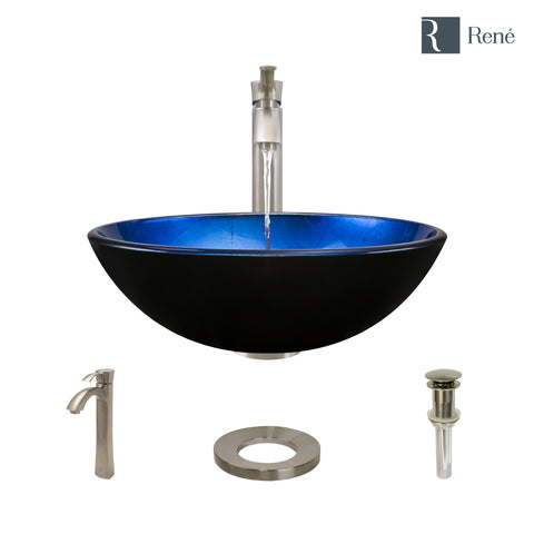 Rene 17" Round Glass Bathroom Sink, Gradient Blue, with Faucet, R5-5008-R9-7006-BN