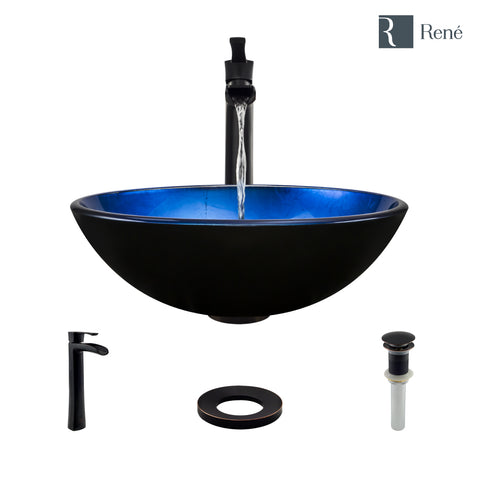 Rene 17" Round Glass Bathroom Sink, Gradient Blue, with Faucet, R5-5008-R9-7007-ABR