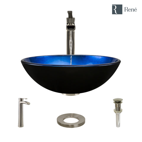 Rene 17" Round Glass Bathroom Sink, Gradient Blue, with Faucet, R5-5008-R9-7007-BN