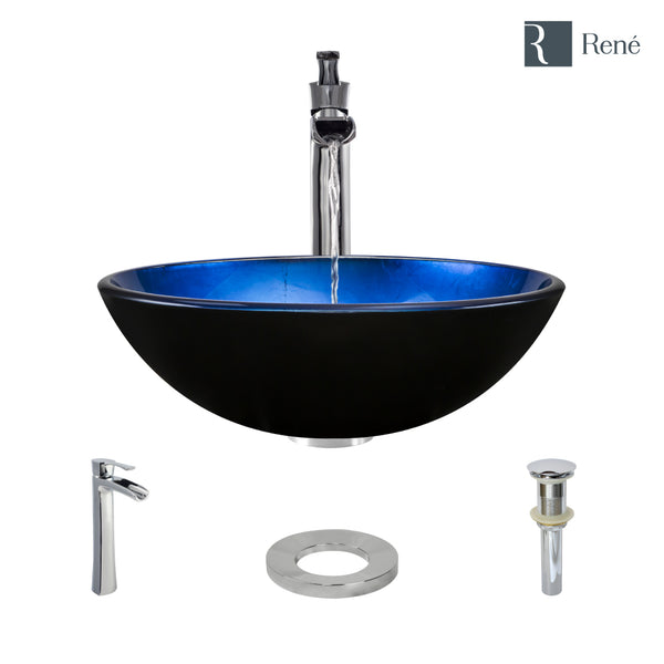 Rene 17" Round Glass Bathroom Sink, Gradient Blue, with Faucet, R5-5008-R9-7007-C