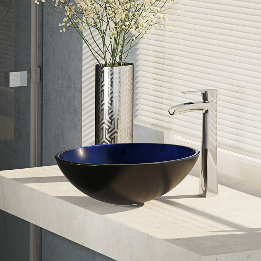 Rene 17" Round Glass Bathroom Sink, Gradient Blue, with Faucet, R5-5008-R9-7007-C - The Sink Boutique