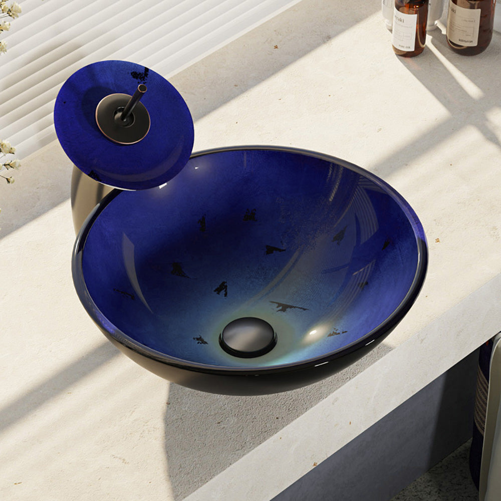 Rene 17" Round Glass Bathroom Sink, Gradient Blue, with Faucet, R5-5008-WF-ABR - The Sink Boutique