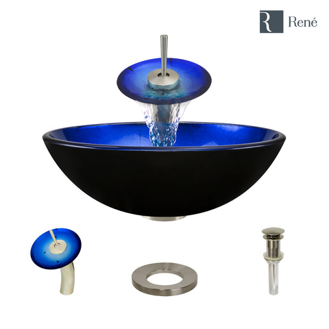 Rene 17" Round Glass Bathroom Sink, Gradient Blue, with Faucet, R5-5008-WF-BN