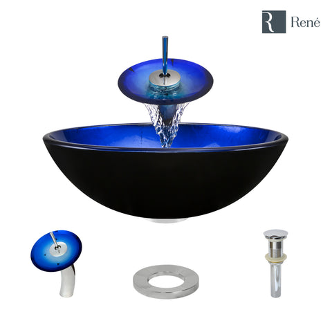 Rene 17" Round Glass Bathroom Sink, Gradient Blue, with Faucet, R5-5008-WF-C