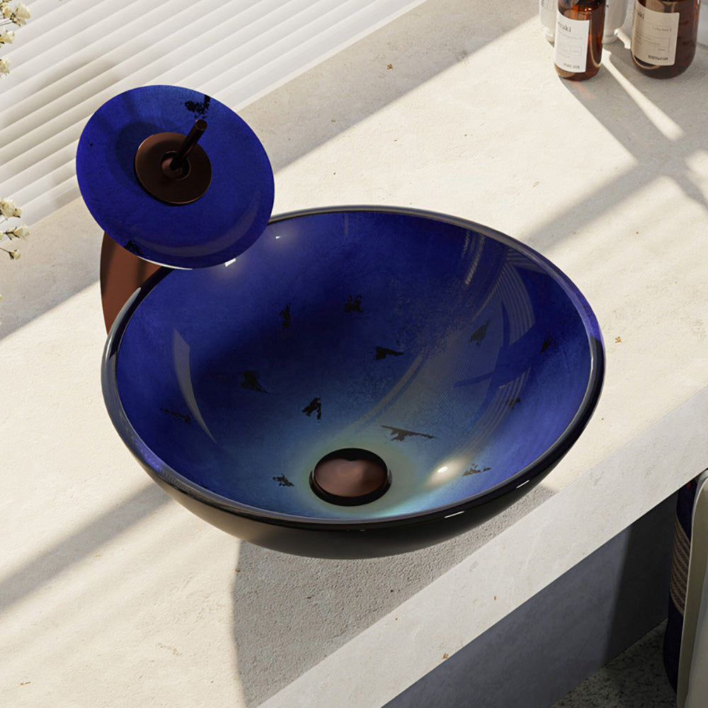 Rene 17" Round Glass Bathroom Sink, Gradient Blue, with Faucet, R5-5008-WF-ORB - The Sink Boutique