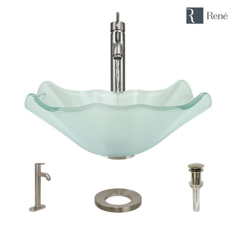 Rene 17" Specialty Glass Bathroom Sink, Frosted, with Faucet, R5-5011-R9-7001-BN