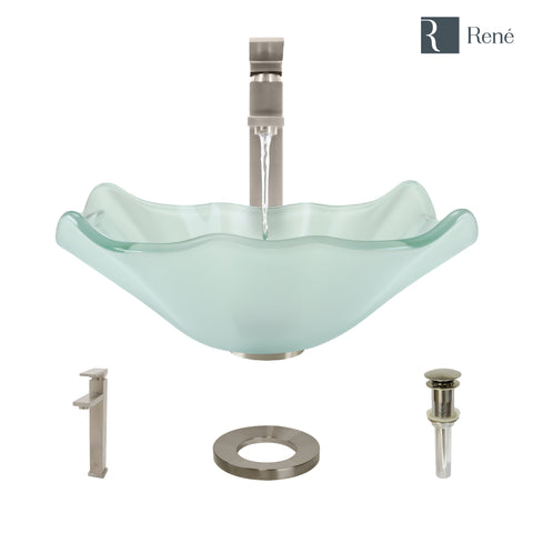 Rene 17" Specialty Glass Bathroom Sink, Frosted, with Faucet, R5-5011-R9-7003-BN