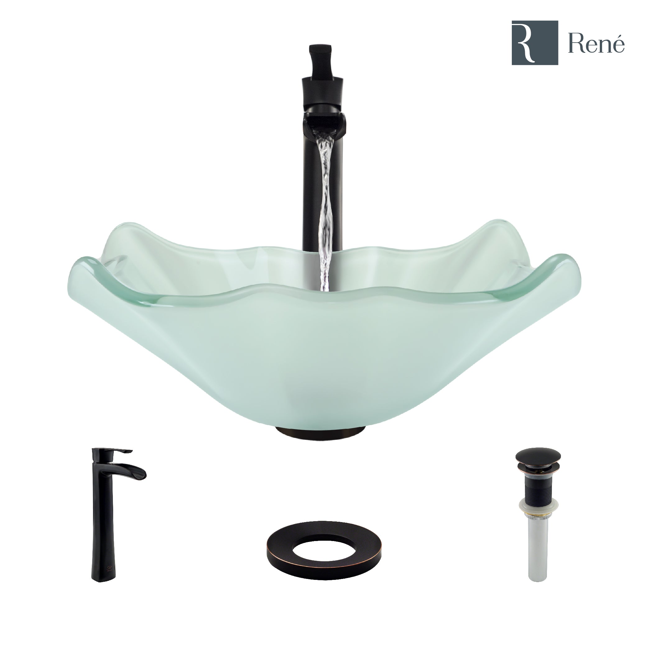 Glass Vessel Sink in Frosted with R9-7007 Faucet and Pop-Up Drain in Brushed Nickel Glass Vessel Sink in Frosted with R9-7007 Faucet and Pop-Up Drain in Brushed Nickel