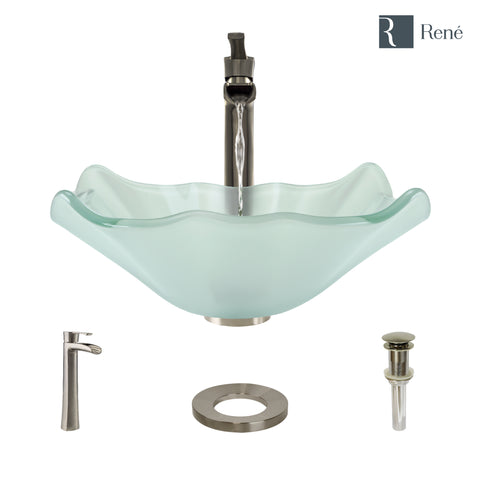 Rene 17" Specialty Glass Bathroom Sink, Frosted, with Faucet, R5-5011-R9-7007-BN