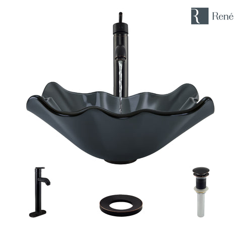 Rene 17" Specialty Glass Bathroom Sink, Smoky Black, with Faucet, R5-5012-R9-7001-ABR