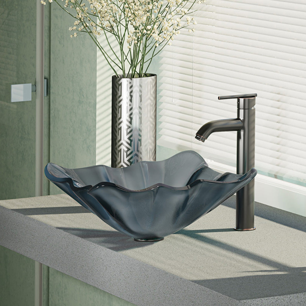 Rene 17" Specialty Glass Bathroom Sink, Smoky Black, with Faucet, R5-5012-R9-7001-ABR - The Sink Boutique