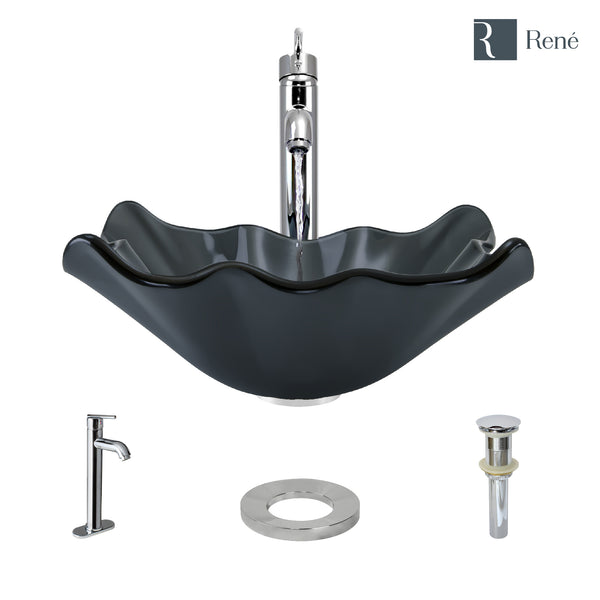 Rene 17" Specialty Glass Bathroom Sink, Smoky Black, with Faucet, R5-5012-R9-7001-C