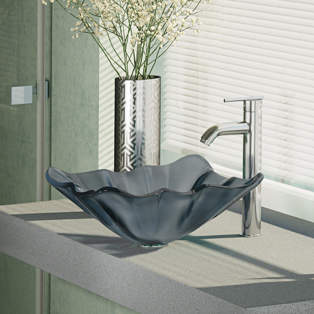 Rene 17" Specialty Glass Bathroom Sink, Smoky Black, with Faucet, R5-5012-R9-7001-C - The Sink Boutique