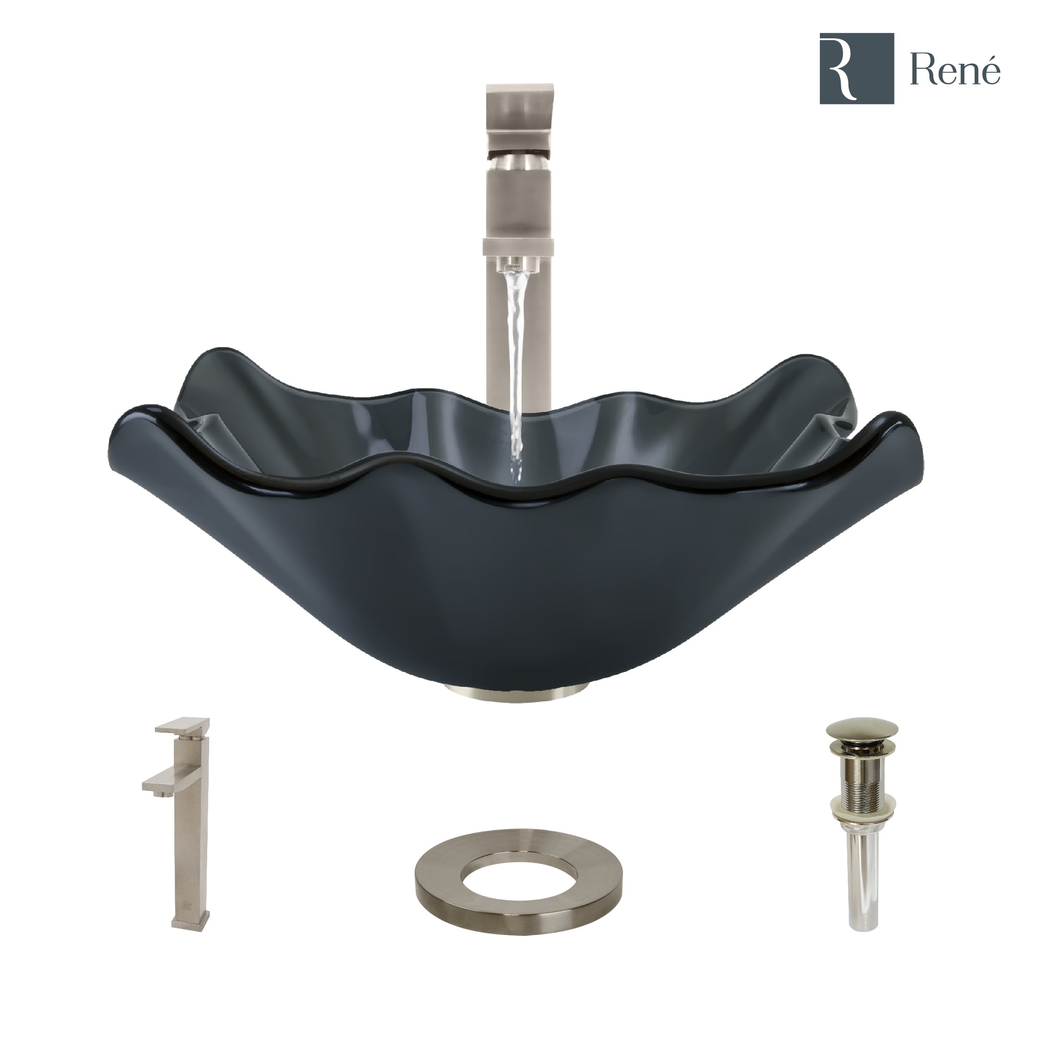 Rene 17" Specialty Glass Bathroom Sink, Smoky Black, with Faucet, R5-5012-R9-7003-BN