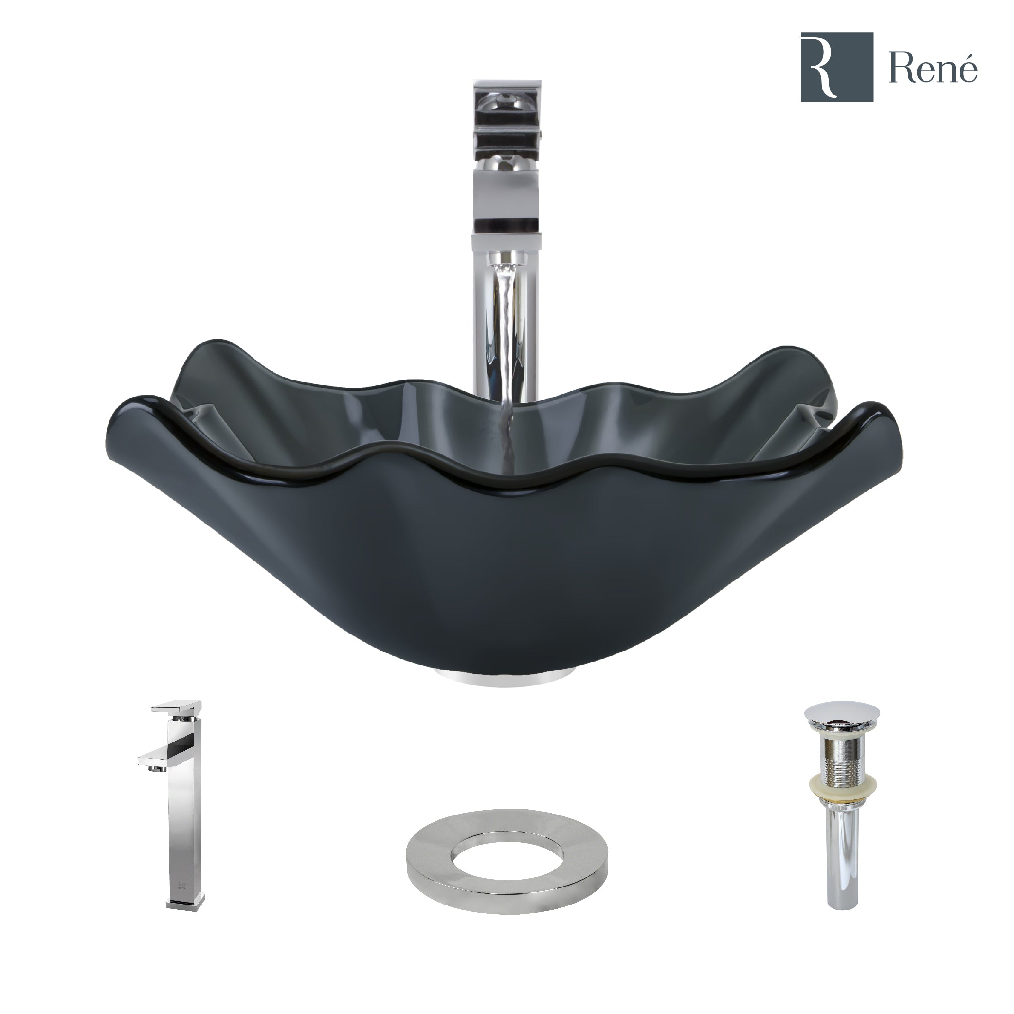 Rene 17" Specialty Glass Bathroom Sink, Smoky Black, with Faucet, R5-5012-R9-7003-C