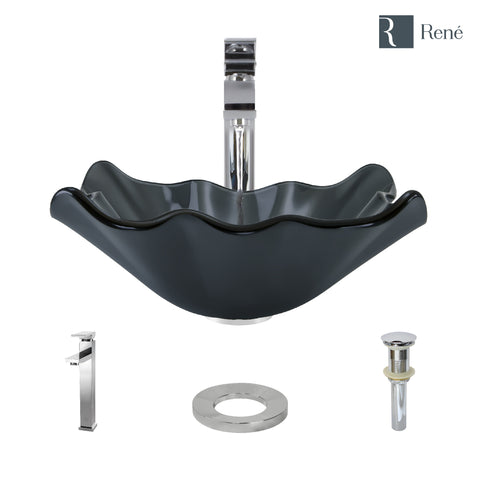 Rene 17" Specialty Glass Bathroom Sink, Smoky Black, with Faucet, R5-5012-R9-7003-C