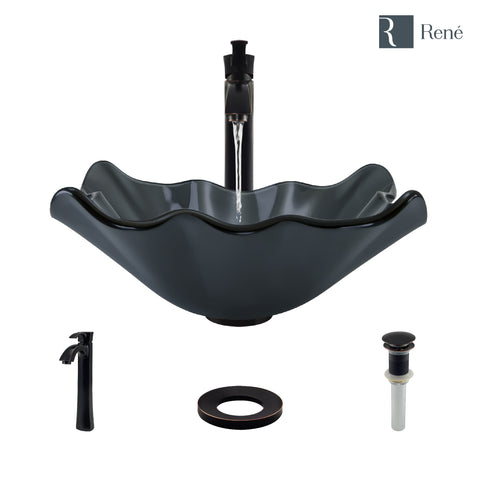 Rene 17" Specialty Glass Bathroom Sink, Smoky Black, with Faucet, R5-5012-R9-7006-ABR