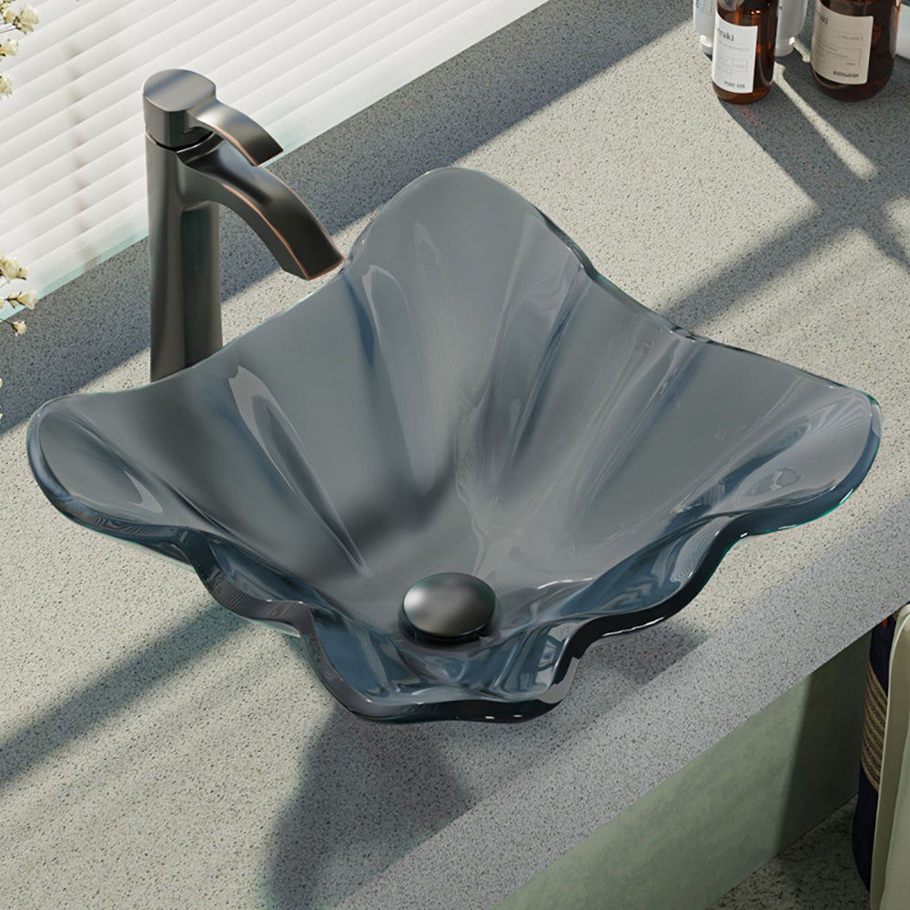Rene 17" Specialty Glass Bathroom Sink, Smoky Black, with Faucet, R5-5012-R9-7006-ABR - The Sink Boutique
