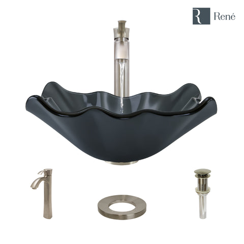 Rene 17" Specialty Glass Bathroom Sink, Smoky Black, with Faucet, R5-5012-R9-7006-BN