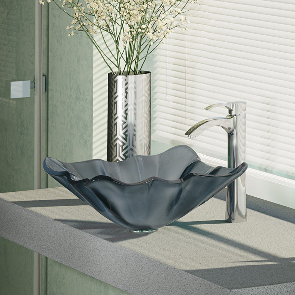 Rene 17" Specialty Glass Bathroom Sink, Smoky Black, with Faucet, R5-5012-R9-7006-C - The Sink Boutique