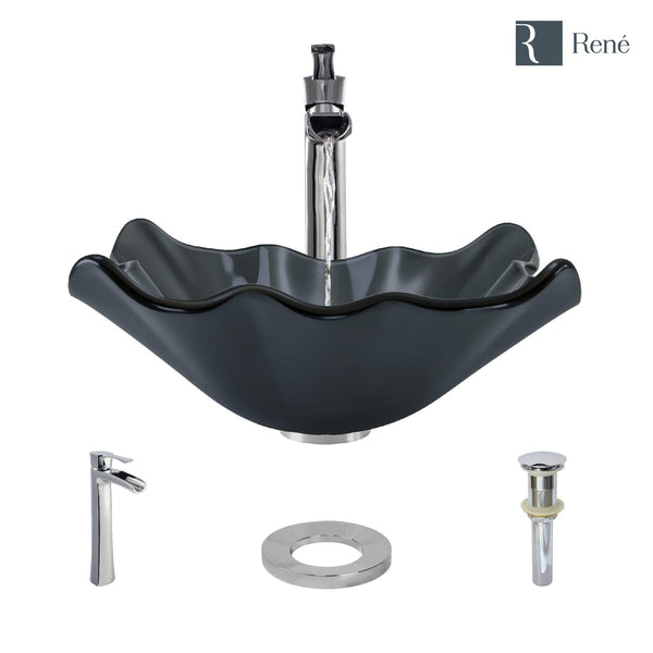 Rene 17" Specialty Glass Bathroom Sink, Smoky Black, with Faucet, R5-5012-R9-7007-C