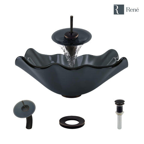 Rene 17" Specialty Glass Bathroom Sink, Smoky Black, with Faucet, R5-5012-WF-ABR