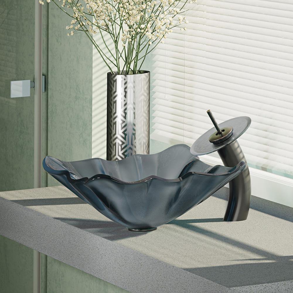 Rene 17" Specialty Glass Bathroom Sink, Smoky Black, with Faucet, R5-5012-WF-ABR - The Sink Boutique