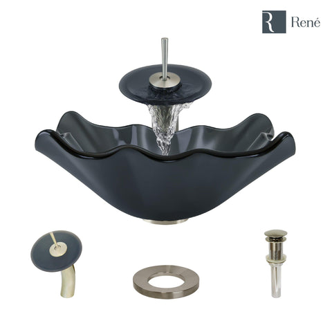 Rene 17" Specialty Glass Bathroom Sink, Smoky Black, with Faucet, R5-5012-WF-BN