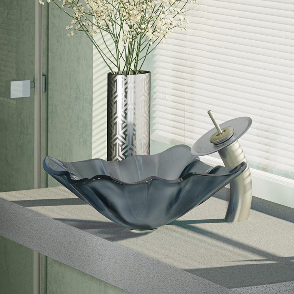 Rene 17" Specialty Glass Bathroom Sink, Smoky Black, with Faucet, R5-5012-WF-BN - The Sink Boutique