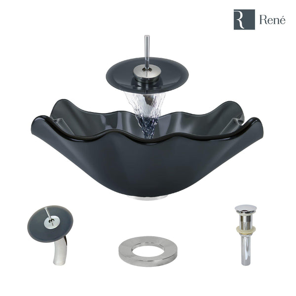 Rene 17" Specialty Glass Bathroom Sink, Smoky Black, with Faucet, R5-5012-WF-C