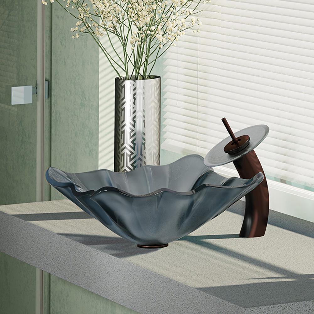 Rene 17" Specialty Glass Bathroom Sink, Smoky Black, with Faucet, R5-5012-WF-ORB - The Sink Boutique