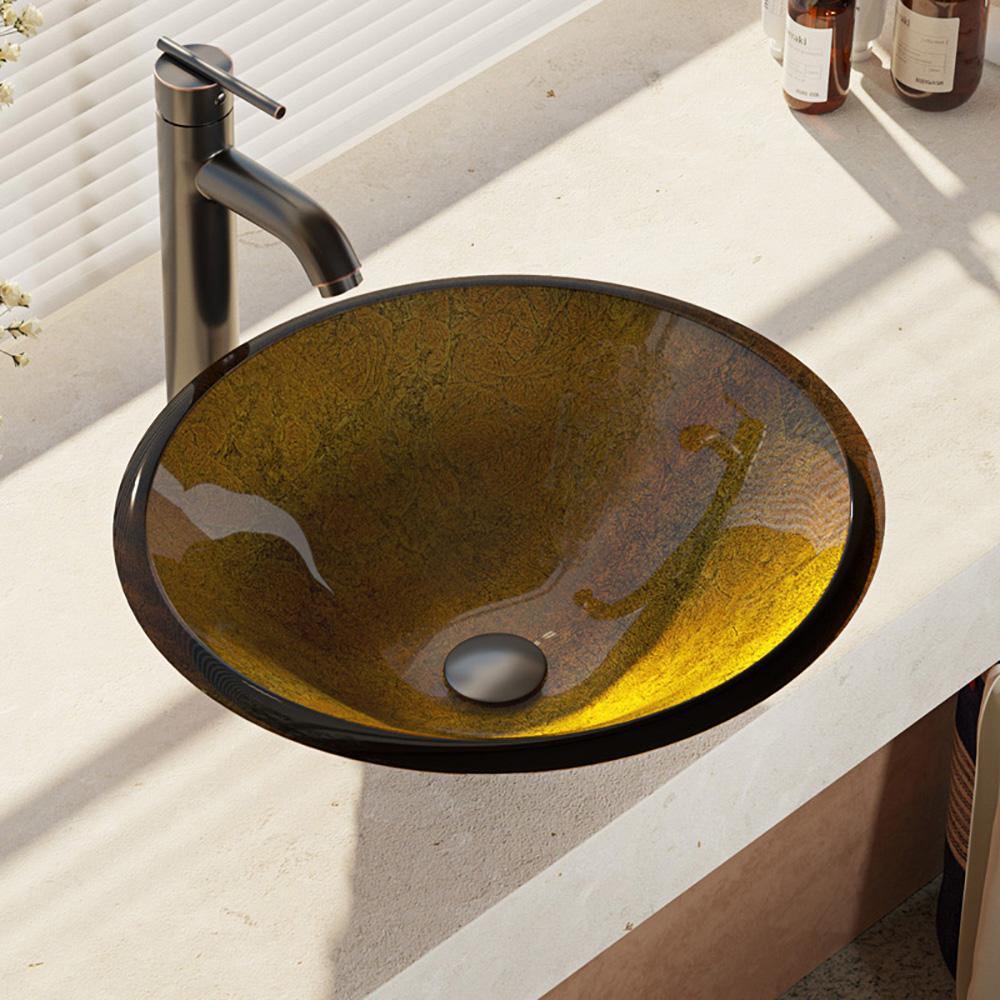 Rene 18" Round Glass Bathroom Sink, Orange Gold Foil, with Faucet, R5-5013-R9-7001-ABR - The Sink Boutique