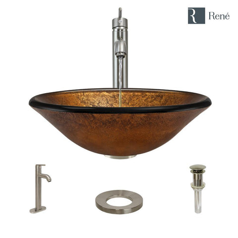 Rene 18" Round Glass Bathroom Sink, Orange Gold Foil, with Faucet, R5-5013-R9-7001-BN