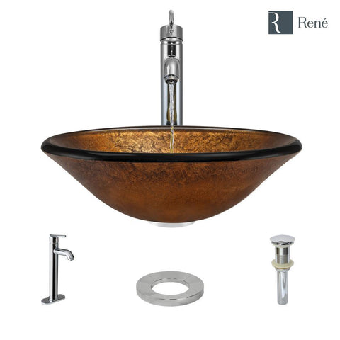 Rene 18" Round Glass Bathroom Sink, Orange Gold Foil, with Faucet, R5-5013-R9-7001-C