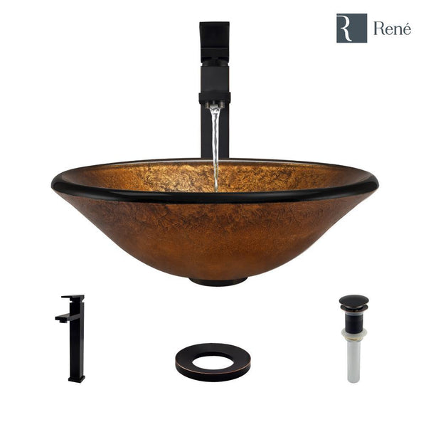 Rene 18" Round Glass Bathroom Sink, Orange Gold Foil, with Faucet, R5-5013-R9-7003-ABR
