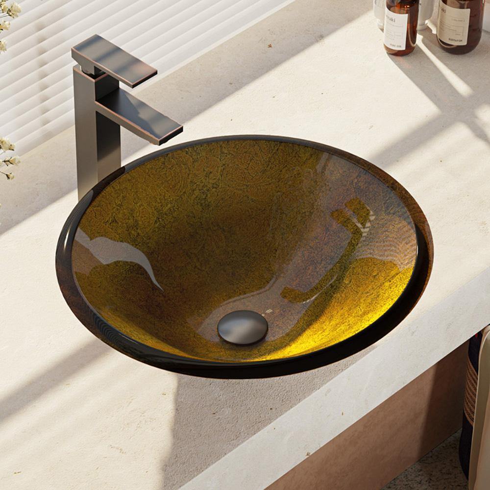 Rene 18" Round Glass Bathroom Sink, Orange Gold Foil, with Faucet, R5-5013-R9-7003-ABR - The Sink Boutique