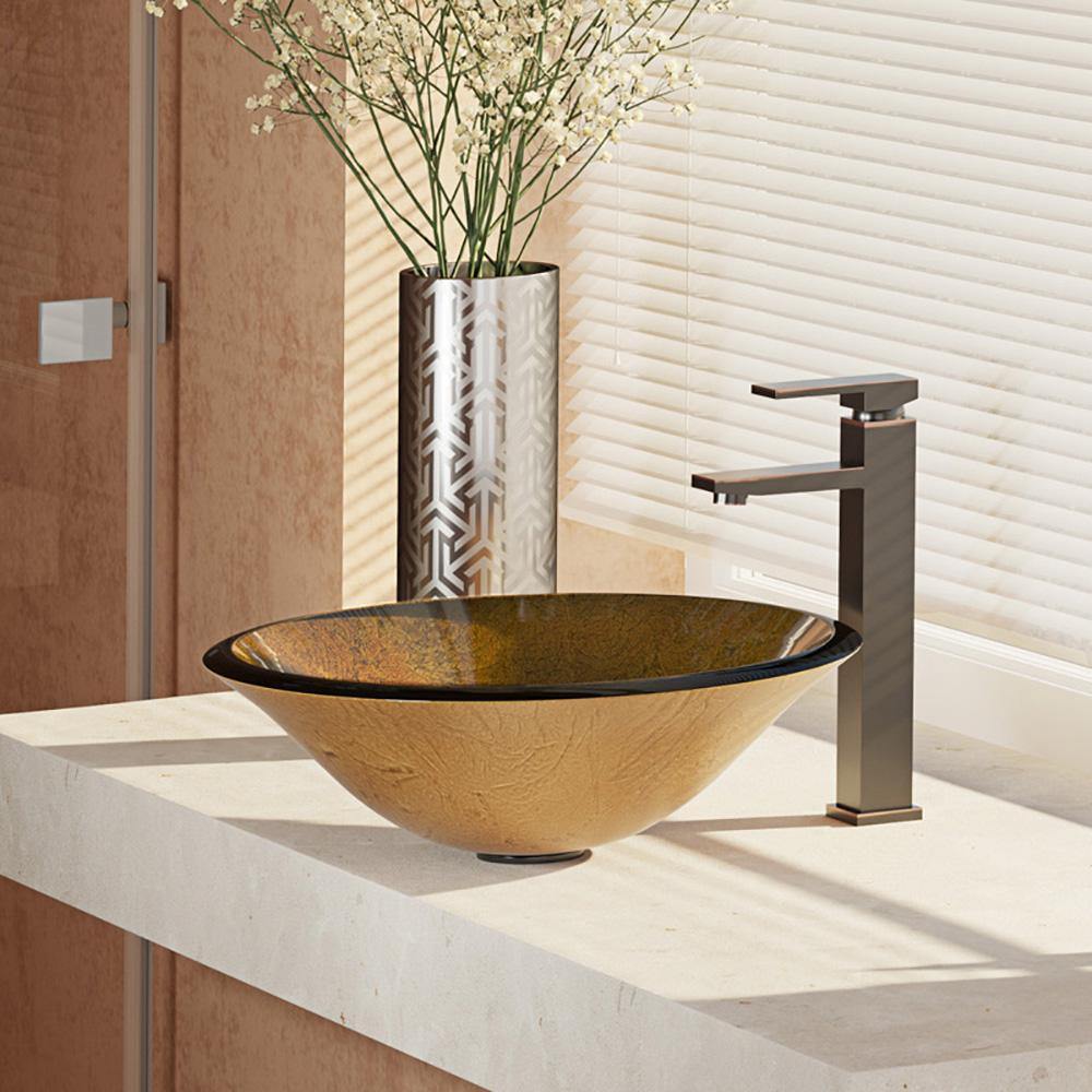 Rene 18" Round Glass Bathroom Sink, Orange Gold Foil, with Faucet, R5-5013-R9-7003-ABR - The Sink Boutique