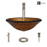 Rene 18" Round Glass Bathroom Sink, Orange Gold Foil, with Faucet, R5-5013-R9-7003-BN