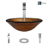 Rene 18" Round Glass Bathroom Sink, Orange Gold Foil, with Faucet, R5-5013-R9-7003-C