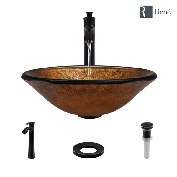 Rene 18" Round Glass Bathroom Sink, Orange Gold Foil, with Faucet, R5-5013-R9-7006-ABR