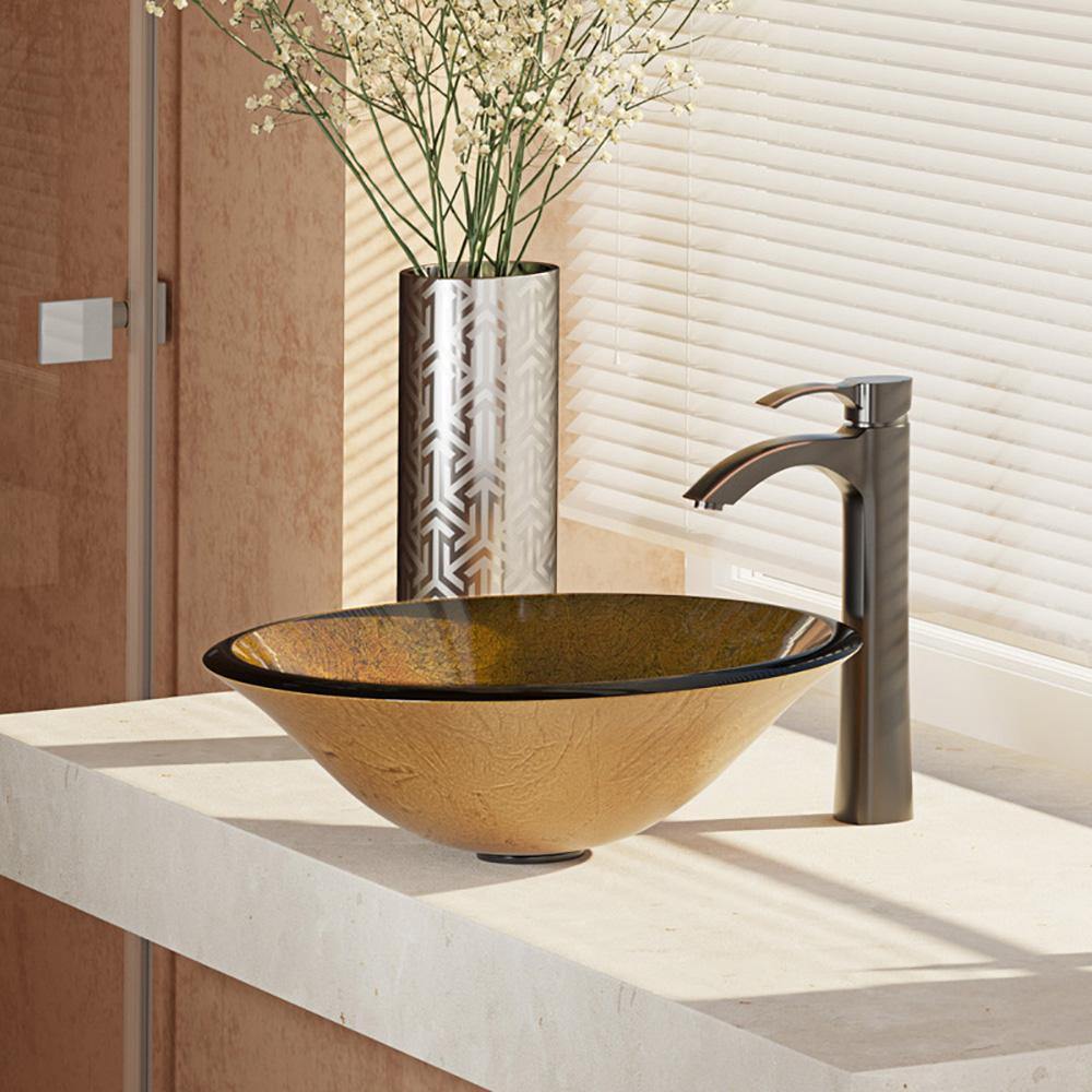 Rene 18" Round Glass Bathroom Sink, Orange Gold Foil, with Faucet, R5-5013-R9-7006-ABR - The Sink Boutique
