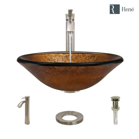 Rene 18" Round Glass Bathroom Sink, Orange Gold Foil, with Faucet, R5-5013-R9-7006-BN