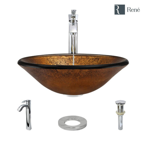 Rene 18" Round Glass Bathroom Sink, Orange Gold Foil, with Faucet, R5-5013-R9-7006-C