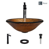 Rene 18" Round Glass Bathroom Sink, Orange Gold Foil, with Faucet, R5-5013-R9-7007-ABR