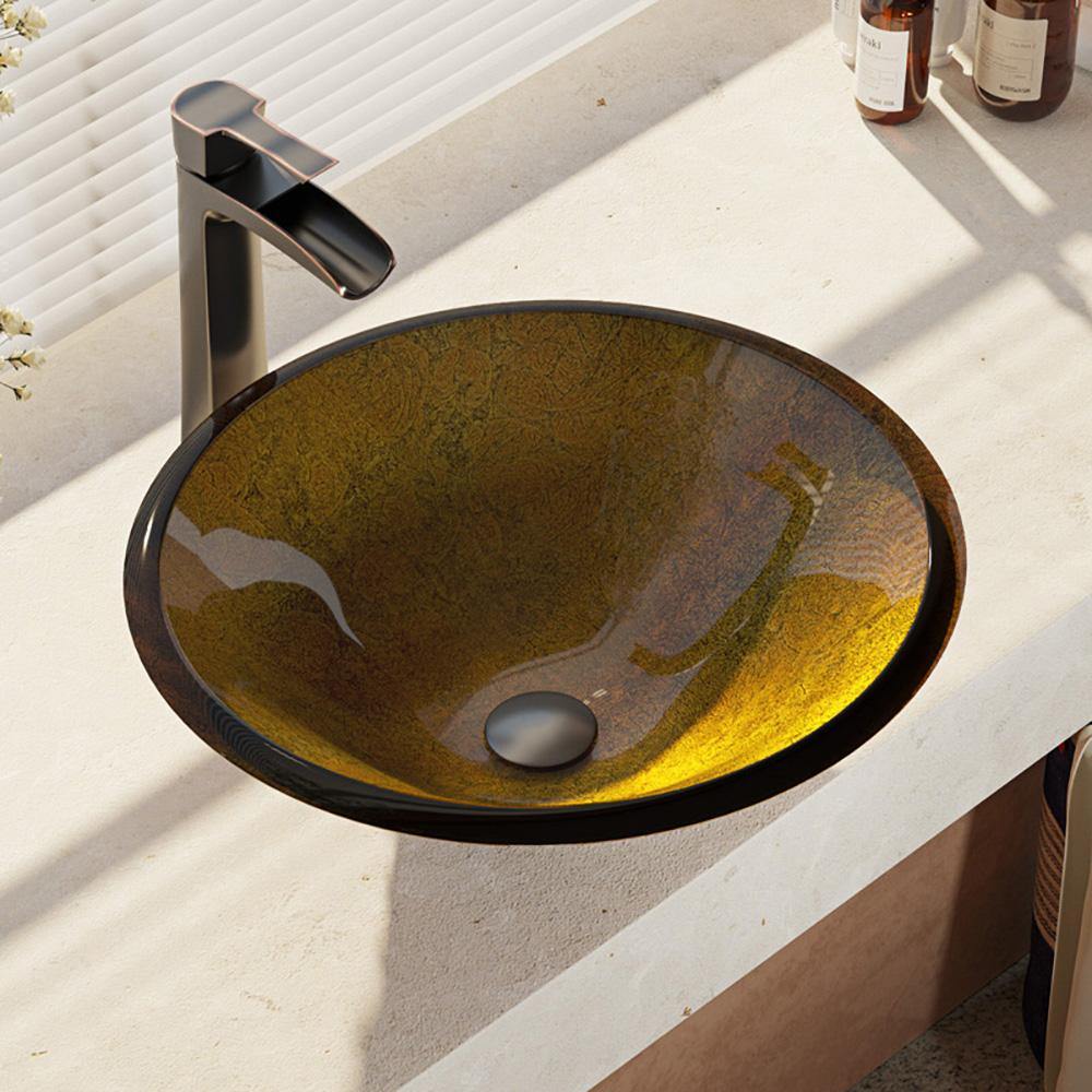 Rene 18" Round Glass Bathroom Sink, Orange Gold Foil, with Faucet, R5-5013-R9-7007-ABR - The Sink Boutique